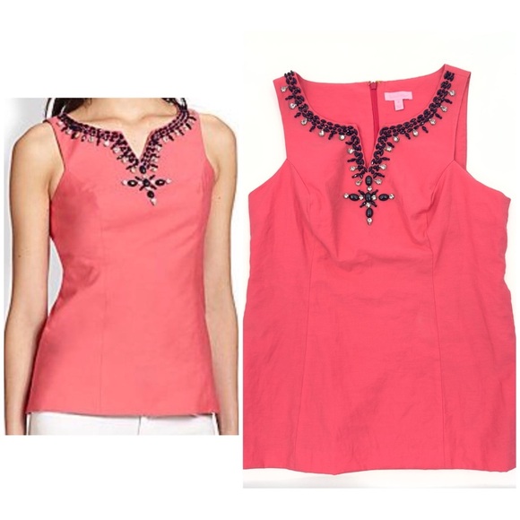 Lilly Pulitzer Tops - Lilly Pulitzer Womens Jackie Beaded Top Size 12 Watermelon Pink Sleeveless Beach